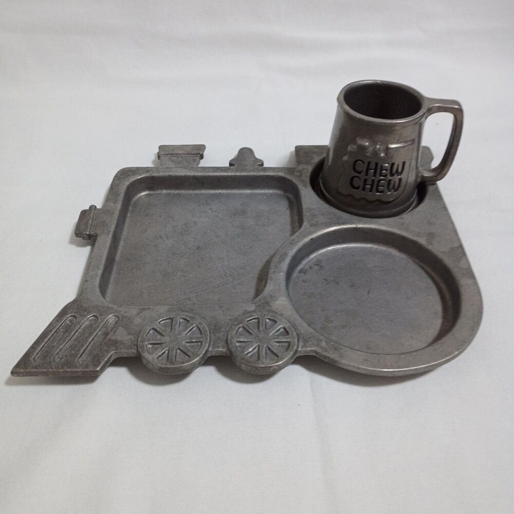 York Child's Divided Plate Pewter Train 1975 Metal Crafters w Chew Chew Cup VTG
